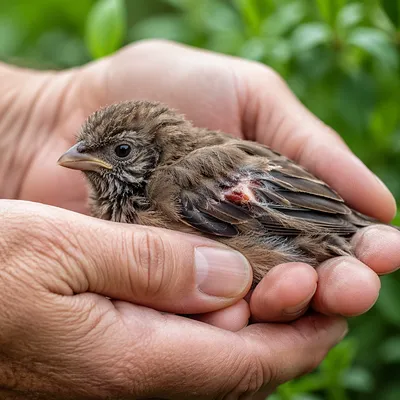 Compassionate Hands Holding Injured Fledgling Bird
