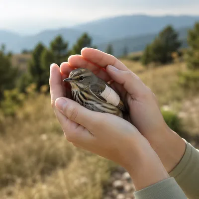Compassionate Hands Holding an Injured Songbird