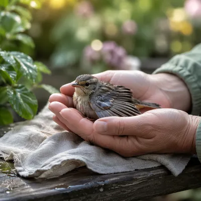 Compassionate Hands Cradling a Wounded Bird