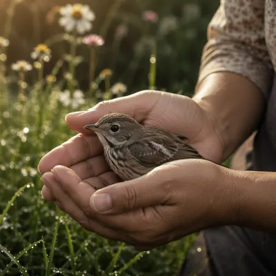 Gentle Hands Holding Injured Songbird