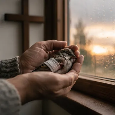 Compassionate Hands Cradling a Wounded Sparrow