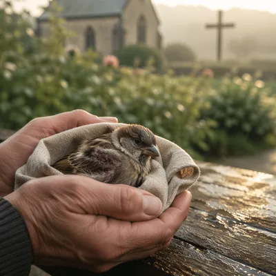 Compassionate Hands Cradling a Wounded Sparrow