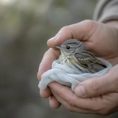 Compassionate Hands Holding an Injured Songbird