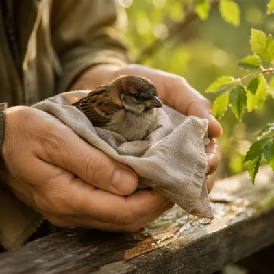 Gentle Hands Holding a Wounded Sparrow