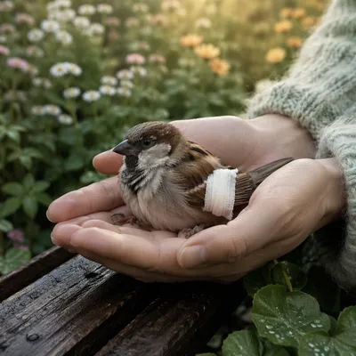 Compassionate Hands Holding a Wounded Sparrow