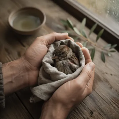 Compassionate Hands Holding a Wounded Sparrow