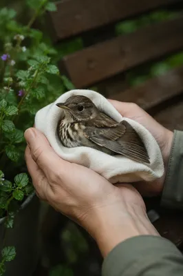 Compassionate Hands Cradling an Injured Bird