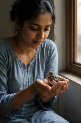 Woman Gently Holding Injured Songbird Indoors