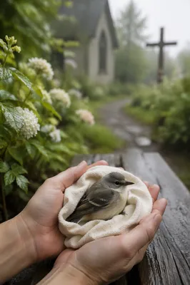 Compassionate Hands Holding Wounded Songbird
