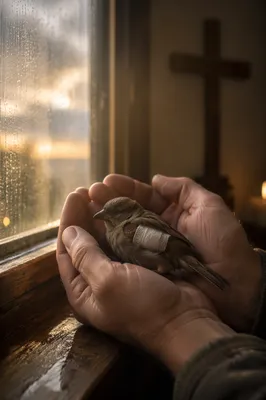 Compassionate Hands Holding a Wounded Sparrow