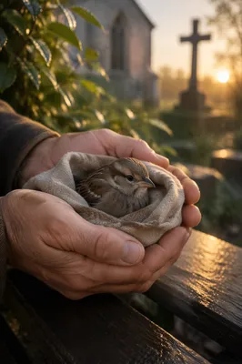 Compassionate Hands Cradling an Injured Sparrow