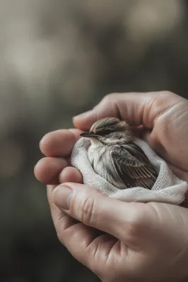 Compassionate Hands Cradling Injured Songbird
