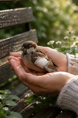 Compassionate Hands Holding a Wounded Sparrow