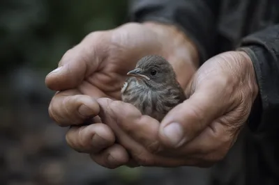 Compassionate Hands Holding Injured Fledgling