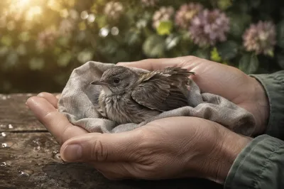 Compassionate Hands Holding a Wounded Bird