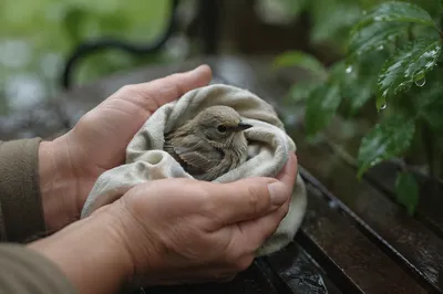 Gentle Hands Caring for Wounded Bird