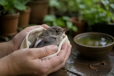 Compassionate Hands Holding an Injured Bird