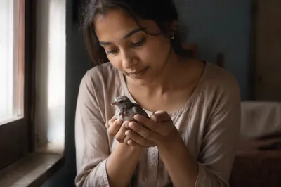 Compassionate Hands Holding Injured Songbird Indoors