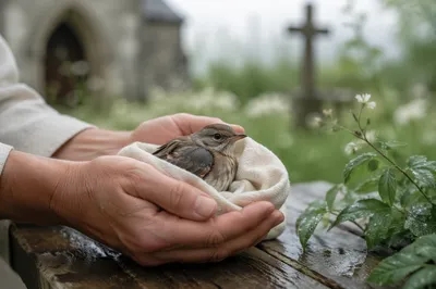 Compassionate Hands Holding a Wounded Songbird
