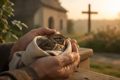 Compassionate Hands Holding an Injured Sparrow
