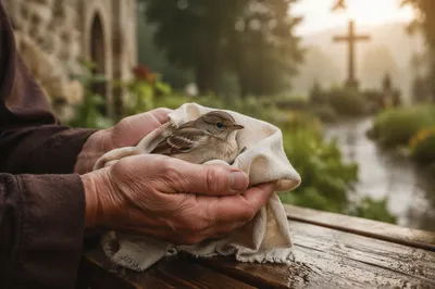 Compassionate Hands Cradling a Wounded Songbird