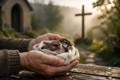 Compassionate Hands Holding a Wounded Sparrow