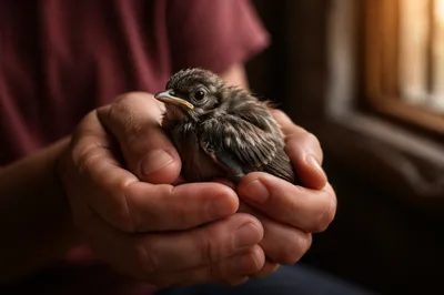 Compassionate Hands Cradling an Injured Fledgling
