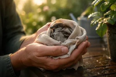 Compassionate Hands Holding a Wounded Sparrow