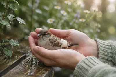 Compassionate Hands Holding a Wounded Sparrow