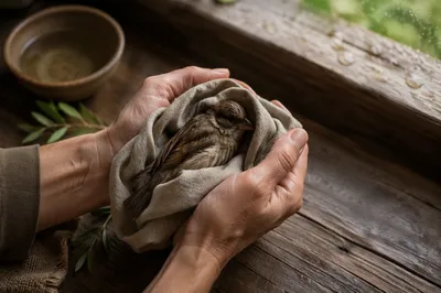 Compassionate Hands Cradling a Wounded Sparrow