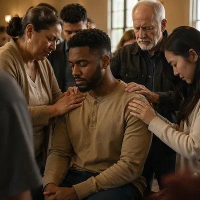 Congregation Praying Around Seated Young Man