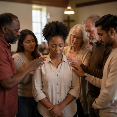 Congregation Praying Around Woman in Community Hall