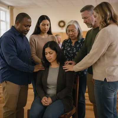 Congregation Praying Around Seated Woman