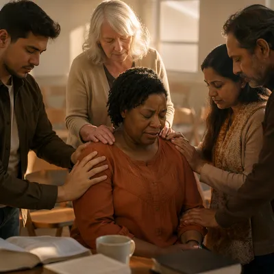 Congregation Praying Around Seated Woman