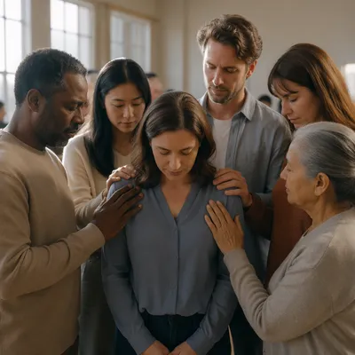 Congregation Praying Around Woman in Community Hall