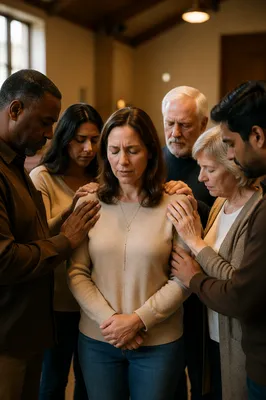 Congregation Praying Around Woman in Hall