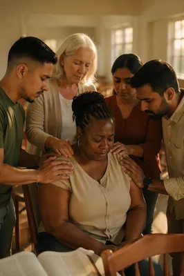 Congregation Praying Around Seated Woman