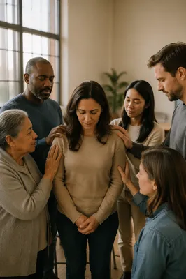 Congregation Praying Around Woman in Hall