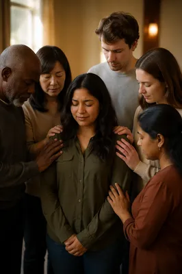 Congregation Gathered Around Woman in Prayer
