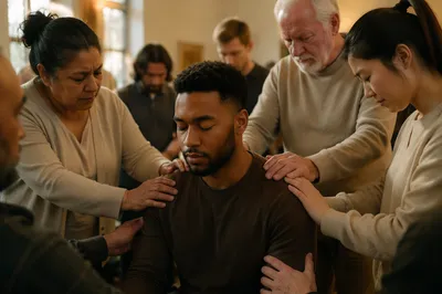 Congregation Praying Around Seated Young Man
