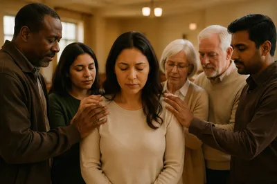 Congregation Praying Around Woman in Community Hall