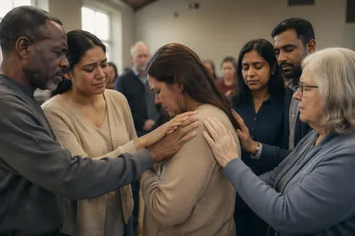 Congregation Praying Around a Woman Indoors