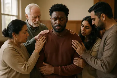 Congregation Praying Around Young Man