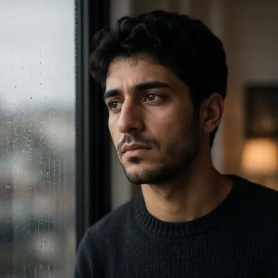 Thoughtful Young Man by Rainy Window