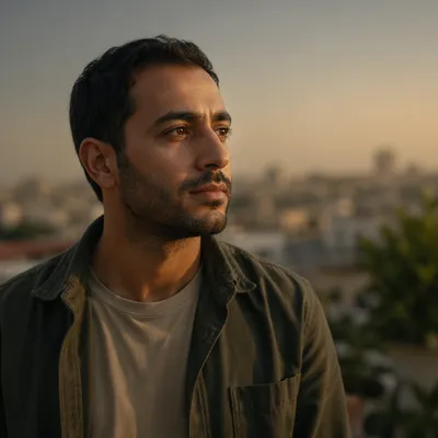 Contemplative Man on Urban Rooftop at Sunset