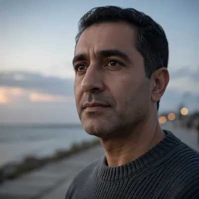 Contemplative Man Portrait at Dawn Shoreline