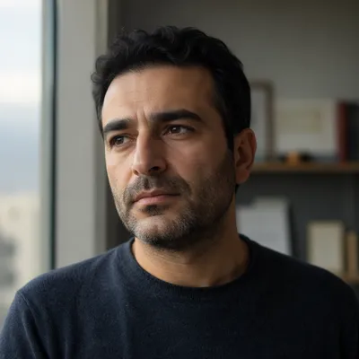 Contemplative Man by Apartment Window Close Up