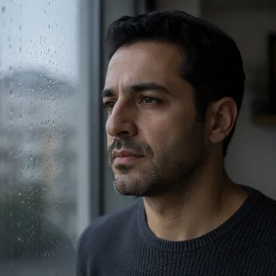 Contemplative Man by Rainy Window Close Up