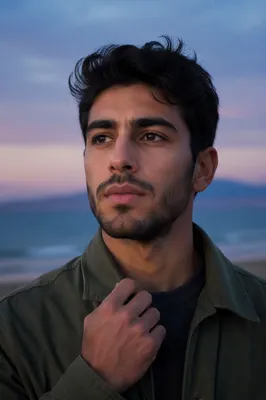 Contemplative Young Man by Quiet Shoreline
