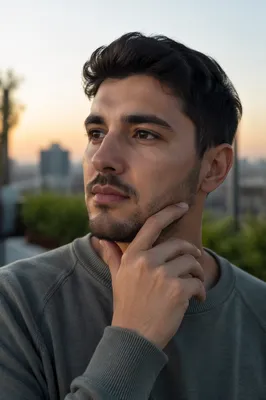 Thoughtful Young Man at Dawn Close Up